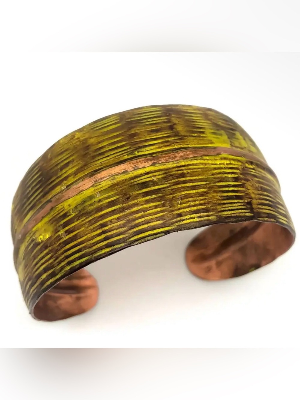 Chartreuse Hatchmark Copper Patina Cuff Bracelet – Artisan Made